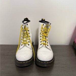 Dr. Martens White Leather Boots with Yellow Laces